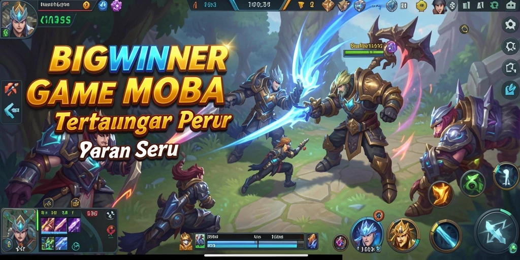 Screenshot gameplay BIGWINNER menampilkan aksi pertarungan MOBA yang intens.